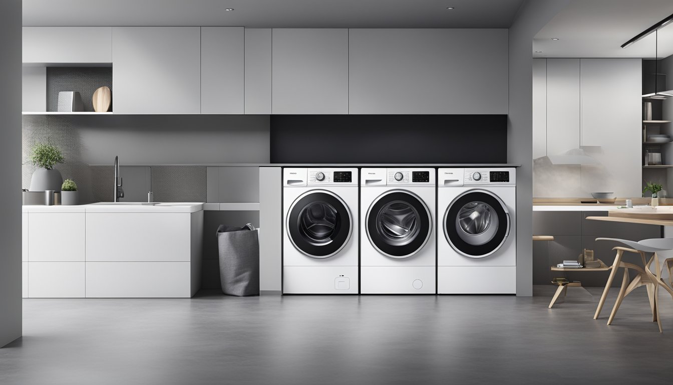 A 2 in 1 washer dryer with a sleek, modern design. The machine is shown in action, with clothes being washed and dried simultaneously. The innovative features are highlighted, such as the touchscreen display and energy-efficient technology