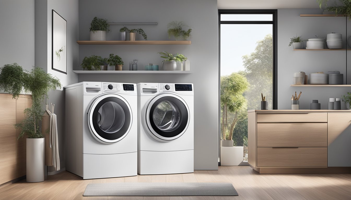 A hand reaches for the sleek, modern 2 in 1 washer dryer, showcasing its user-friendly design and advanced features