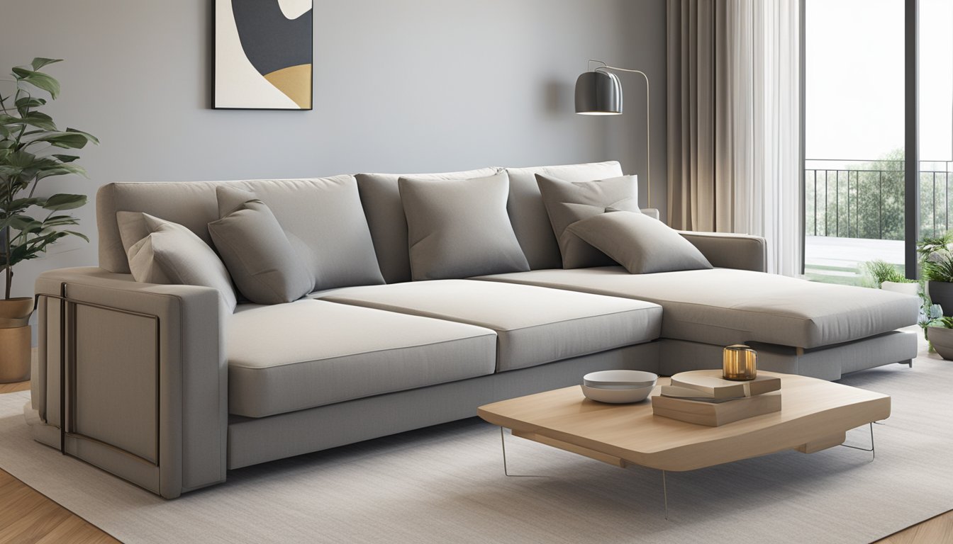 A large, modern sofa bed dominates the room, with clean lines and a minimalist design. The fabric is a neutral color, and the cushions are plush and inviting. The sofa bed is the focal point of the space, offering both comfort and functionality