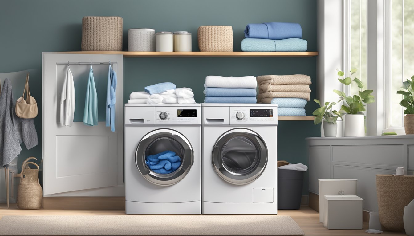 A 2 in 1 washer dryer unit with labeled buttons and a digital display, surrounded by laundry detergent, fabric softener, and a pile of folded clothes