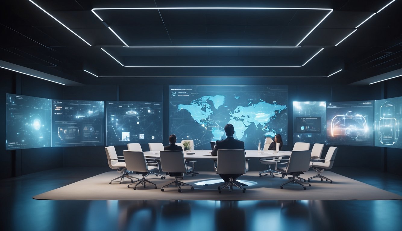 A futuristic virtual meeting room with holographic displays, AI assistants, and seamless integration of virtual and physical attendees