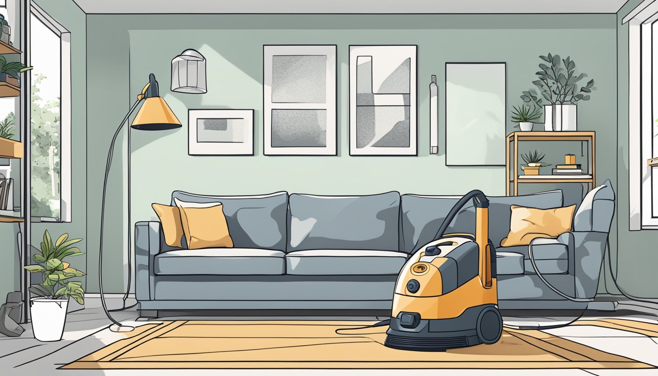 A vacuum cleaner sits in a tidy living room, with furniture and decor in the background. The vacuum's cord is plugged into a nearby outlet, and it is ready to be used