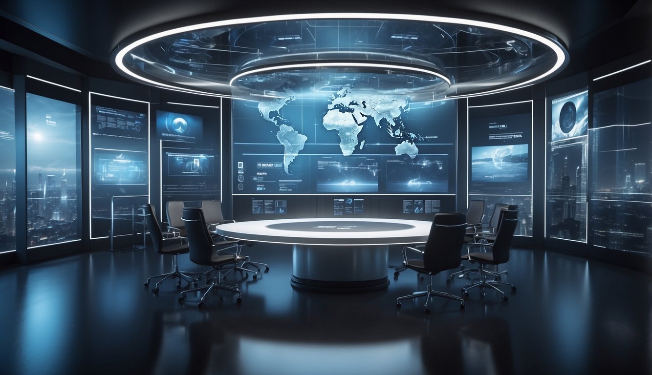 A futuristic virtual meeting room with holographic displays and interactive interfaces, showcasing advanced technology and innovation in virtual meeting platforms