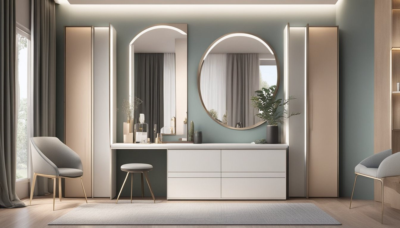A sleek, modern dressing table with a large mirror, minimalist design, and built-in storage compartments. The table is adorned with a few carefully placed decorative items, adding a touch of elegance to the overall design
