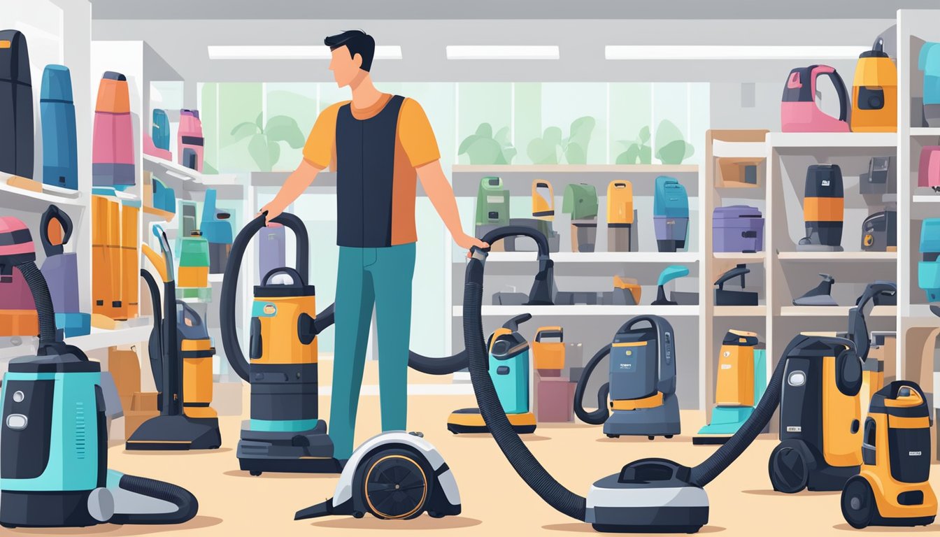 A person comparing different vacuum cleaners in a store, surrounded by various models and brands