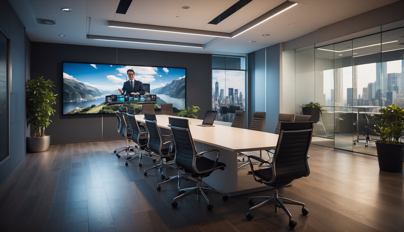 A virtual meeting room with interactive features and engaging visuals, showcasing the latest trends and innovations in online audience engagement