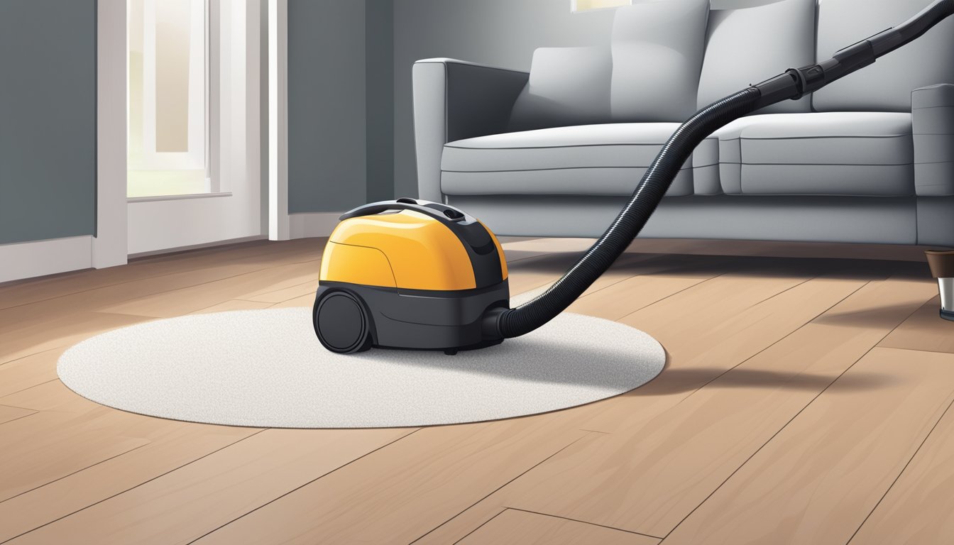 A vacuum cleaner sitting on a clean, clutter-free floor, with its dustbin emptied and filters cleaned, ready for use