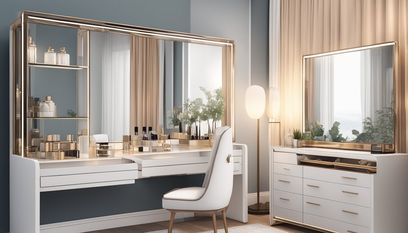 A dressing table with a large mirror, multiple drawers, and a sleek, modern design. It is adorned with a few decorative items and has a soft, ambient lighting
