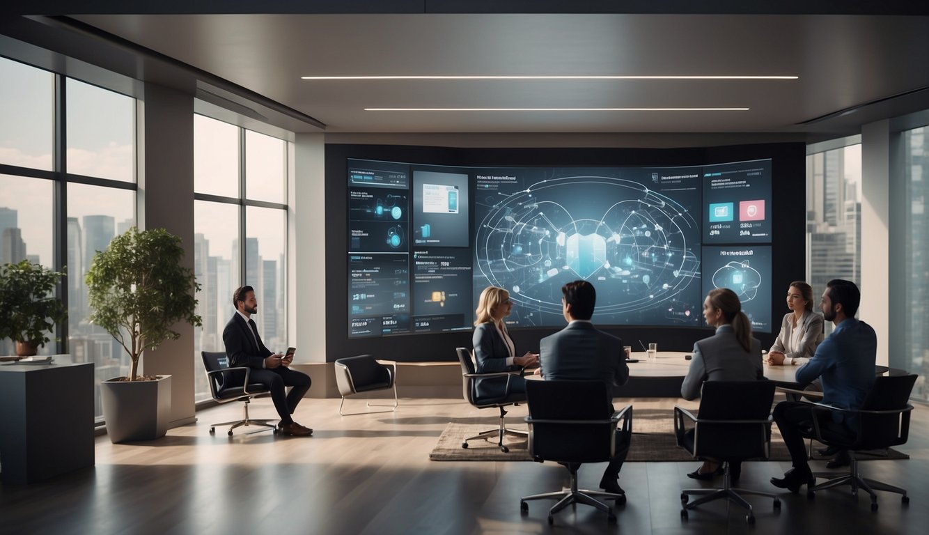 A room with a large screen displaying a virtual meeting, while people in the physical space engage with interactive digital elements