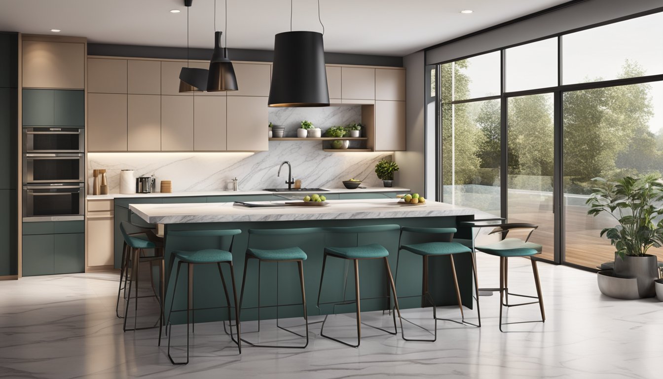 A modern kitchen with sleek cabinets and marble countertops, open to a spacious living area with minimalist decor and large windows