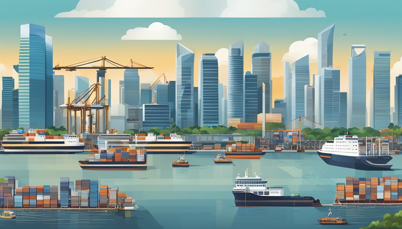 A bustling Singapore cityscape with skyscrapers and shipping ports, showcasing the complexity and interconnectedness of the supply chain industry