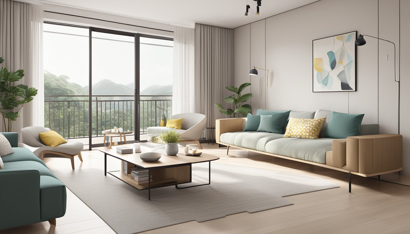 A modern HDB flat with sleek furniture, minimalist decor, and clean lines. Light-colored walls and large windows bring in natural light, creating a bright and airy space