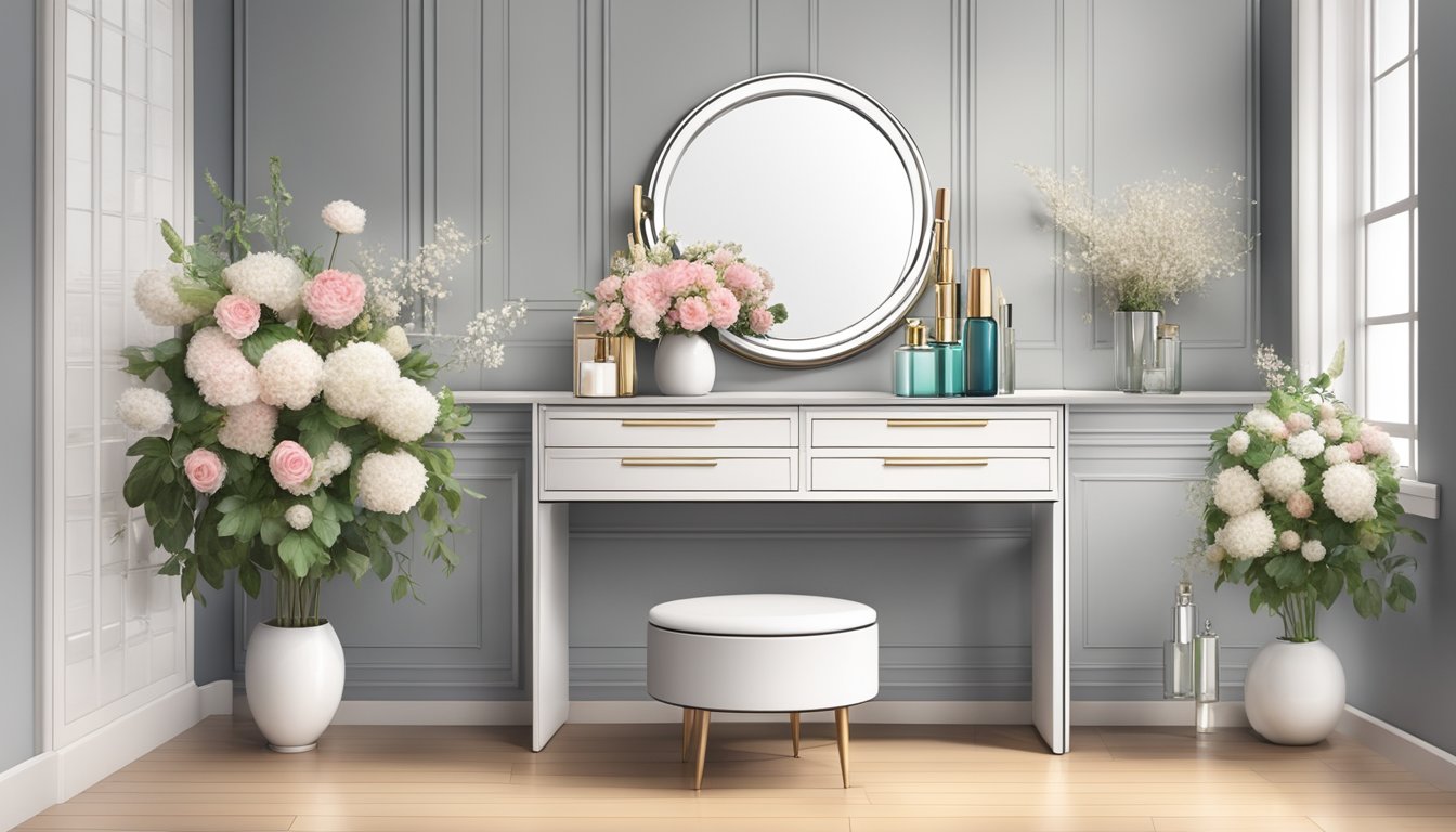 A sleek, modern dressing table with a large, round mirror and built-in drawers. The table is adorned with a vase of fresh flowers and a few elegant perfume bottles