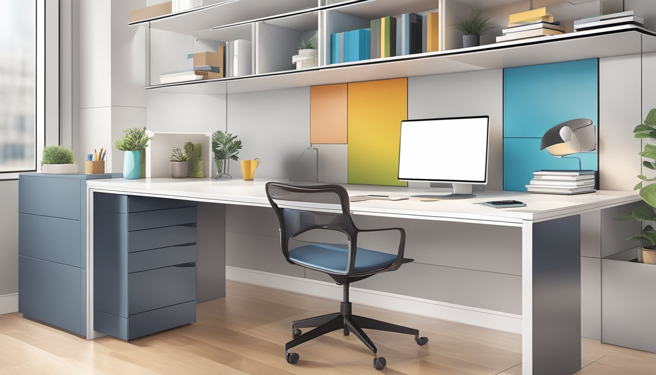 A sleek, modern desk with built-in storage compartments and clean lines