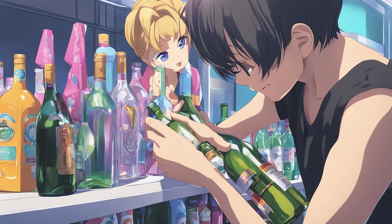 A person placing a bottle of alcohol away from a sex doll