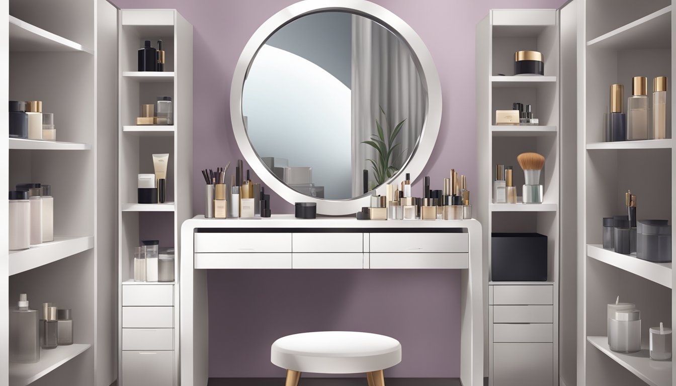 A sleek, modern dressing table with organized compartments and a large, well-lit mirror