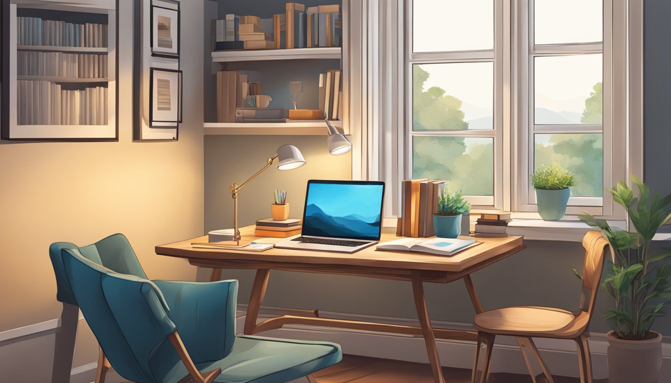 A study table sits by the window in a bedroom, with a lamp, books, and a laptop on top