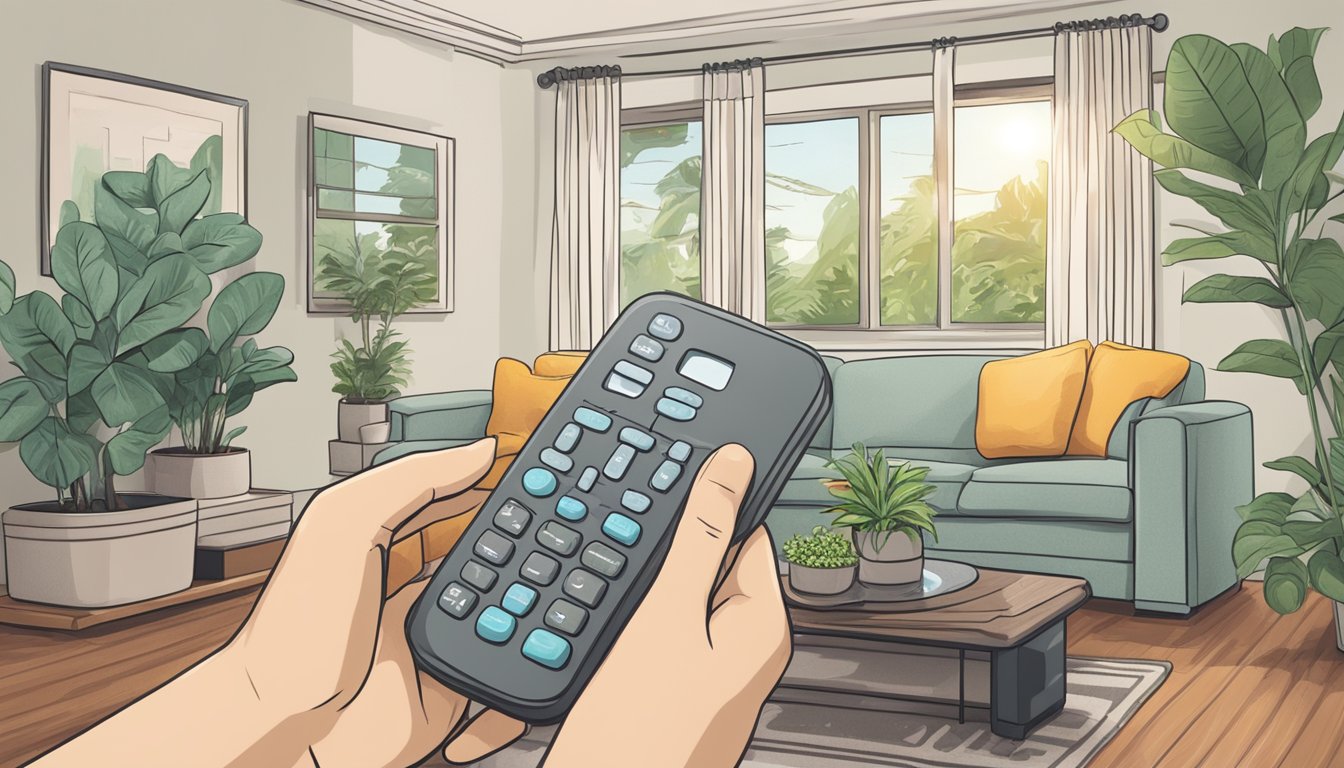 A hand reaches for the air conditioner remote control on a coffee table, with a sofa and potted plant in the background