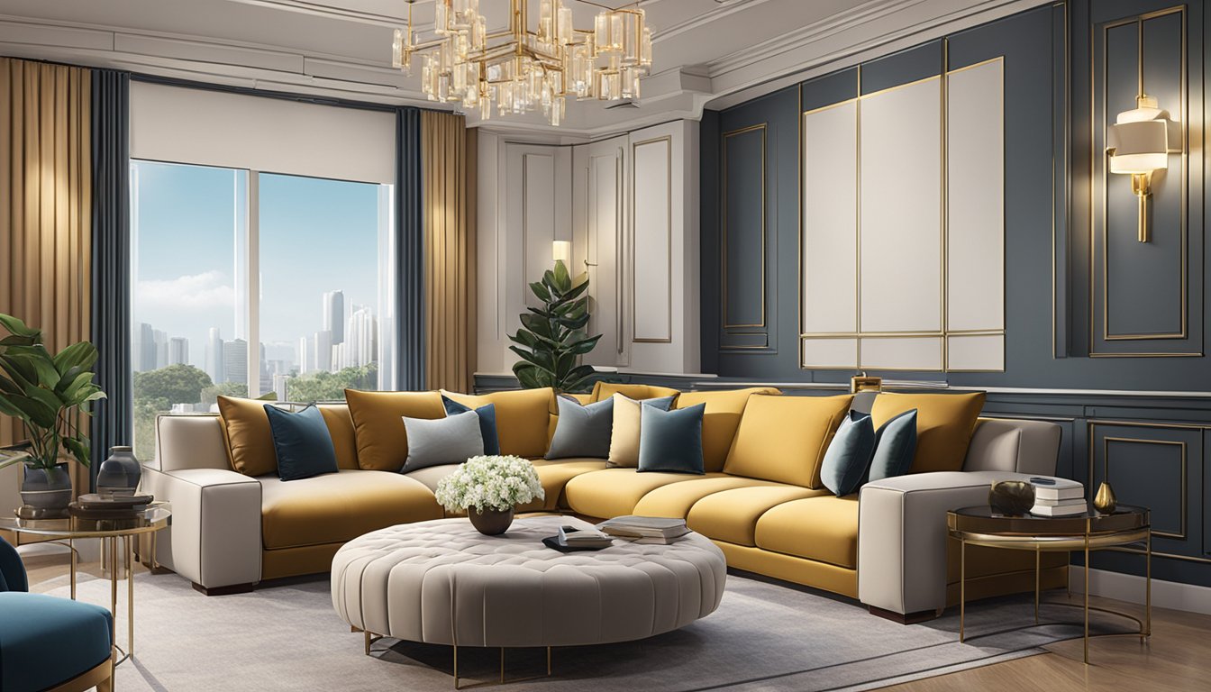 A luxurious sofa showroom in Singapore, featuring high-quality, stylish designs and premium materials. Bright lighting highlights the elegant details and comfortable cushions