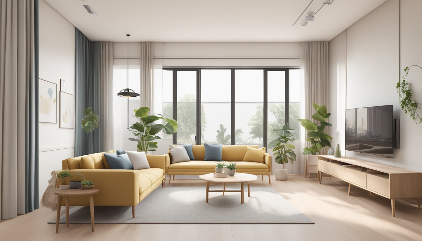 Clean lines, minimalist furniture, natural light, and neutral color palette in a spacious Scandinavian HDB living room