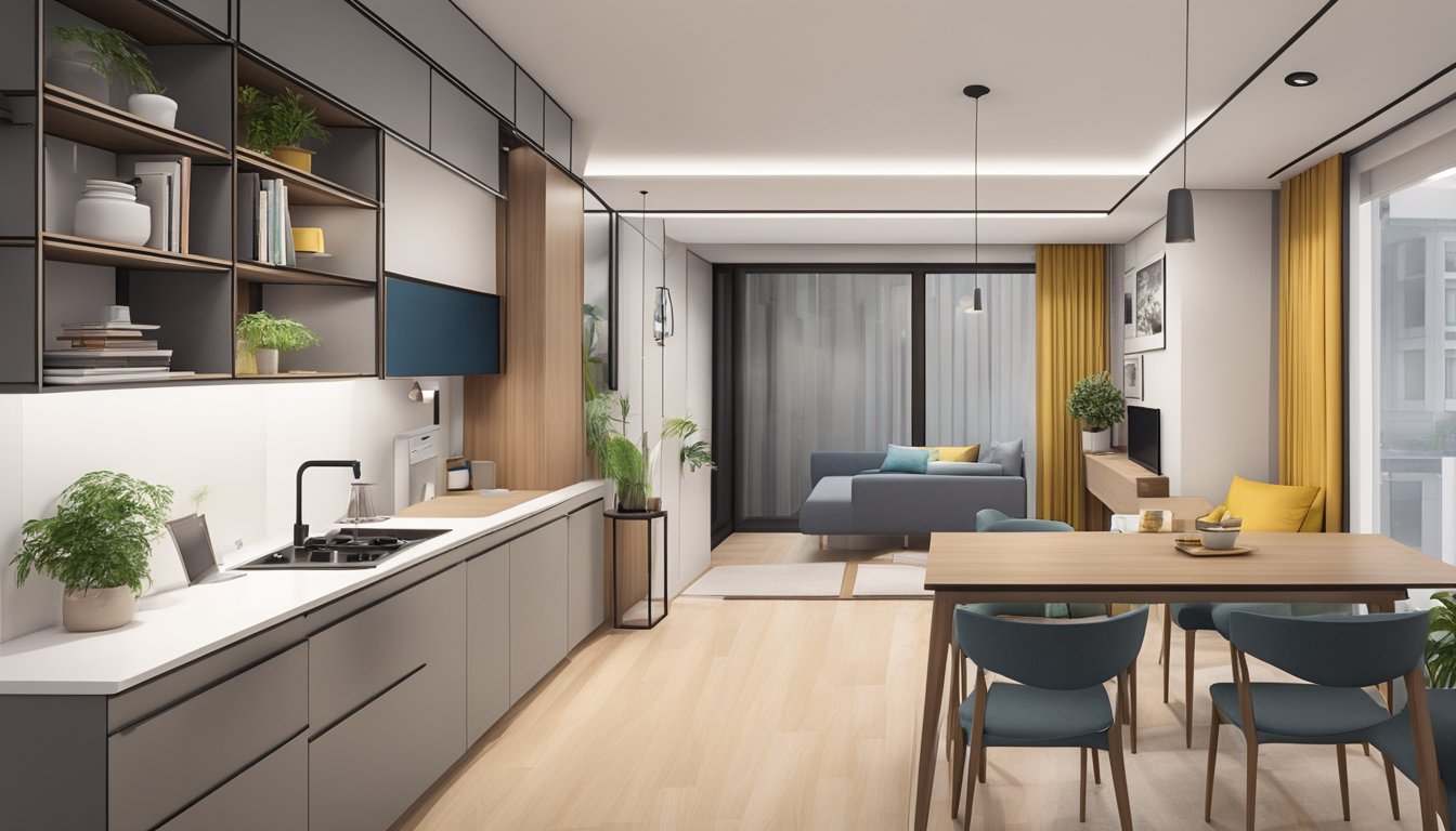 A small HDB apartment with cleverly designed multi-functional furniture, sliding doors, and hidden storage solutions to maximize space and functionality