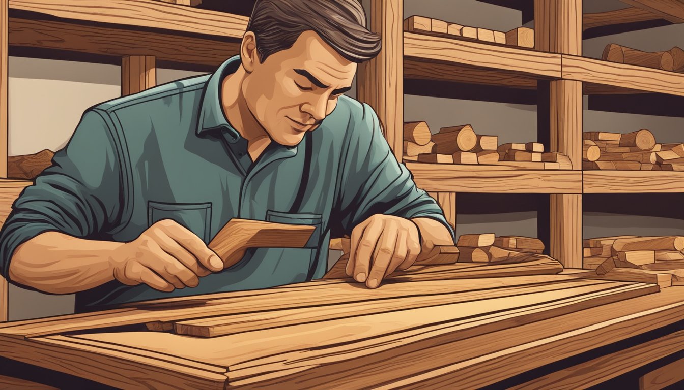 A woodworker carefully inspects various types of wood, comparing their grain and color to find the perfect one for a dining table