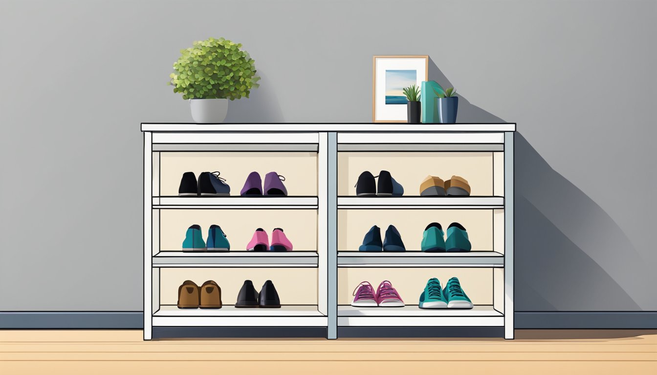 A small shoe cabinet against a plain wall, with a few pairs of shoes neatly arranged inside