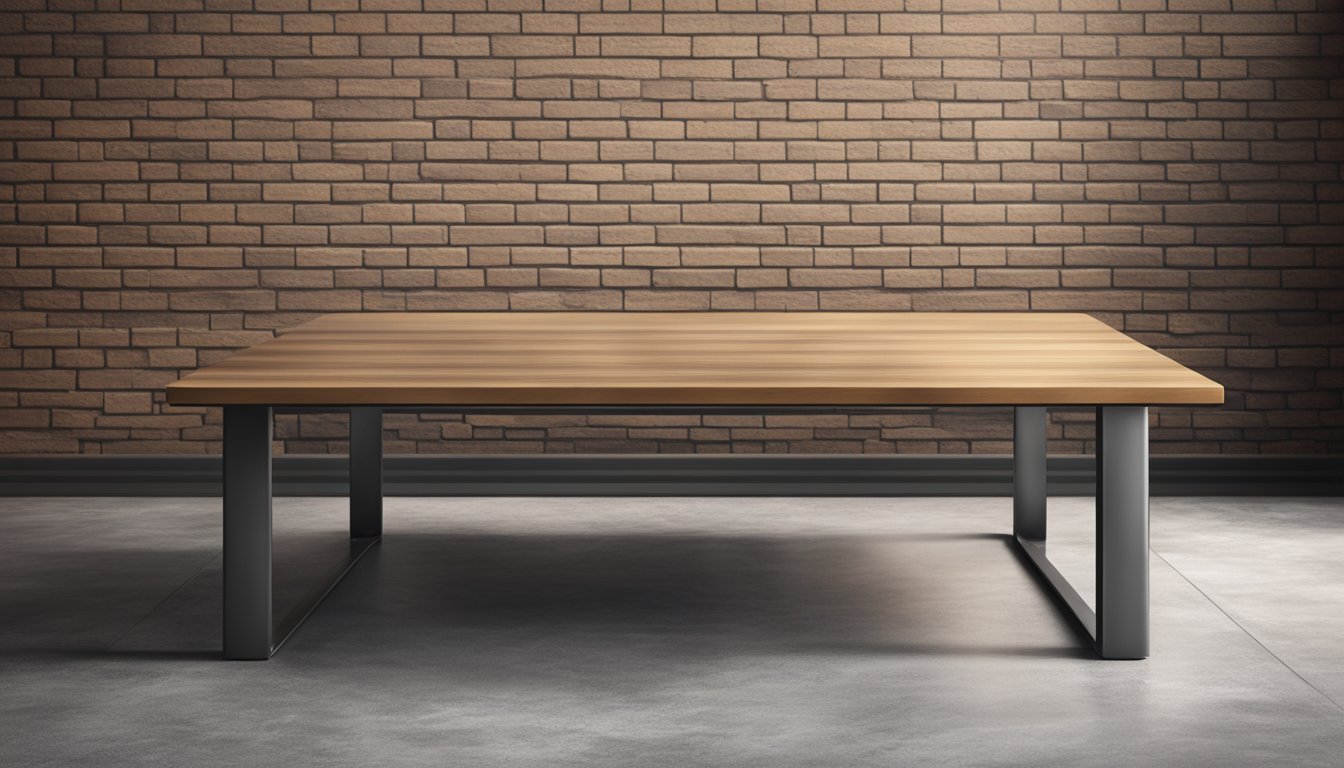 A sleek, minimalist industrial coffee table with metal legs and a wooden top, set against a backdrop of exposed brick and concrete flooring