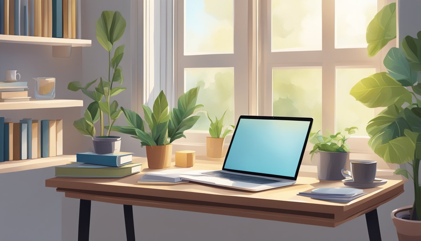 A study table with books, laptop, and a plant in a well-lit bedroom corner