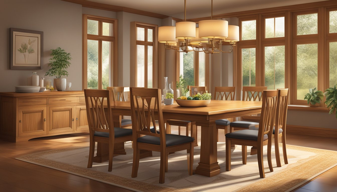 A dining table made of sturdy oak, with a smooth, polished surface, set against a backdrop of warm, inviting lighting