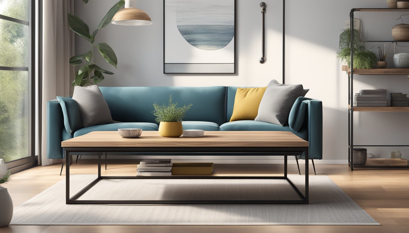 An industrial coffee table with metal legs and a wooden top, placed in a modern living room with minimalist decor and natural lighting