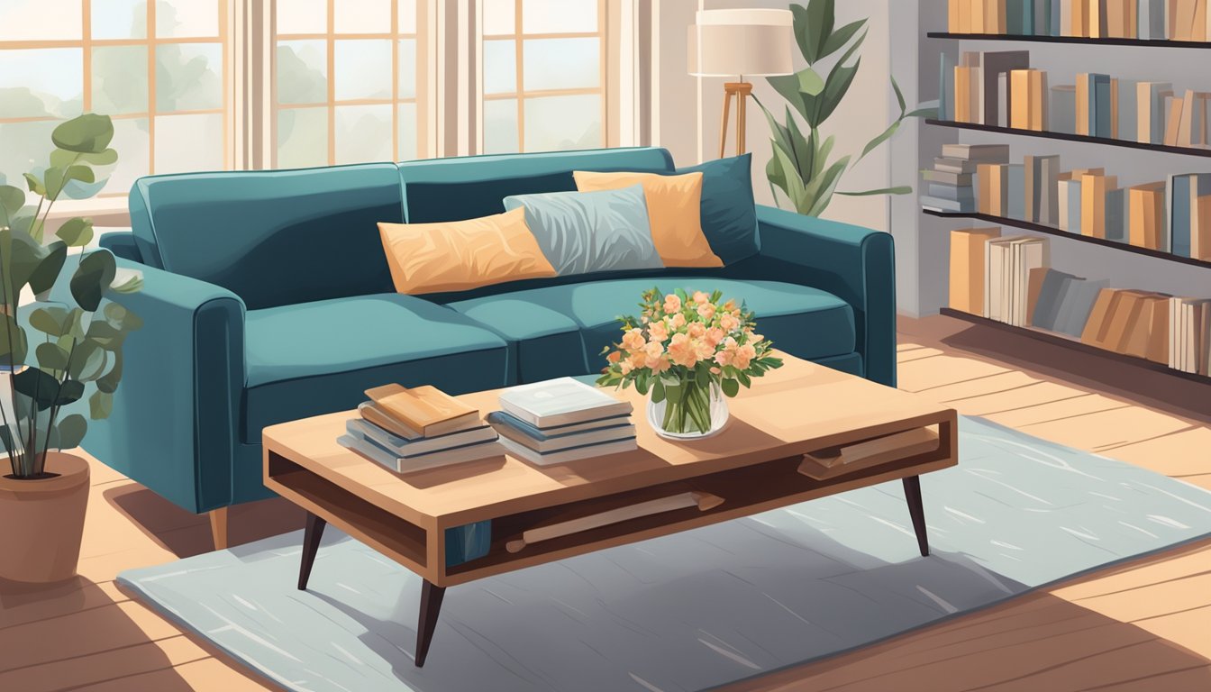 A cozy living room with a reclining sofa adorned with throw pillows, a soft blanket, and a decorative tray with a vase of flowers and a stack of books