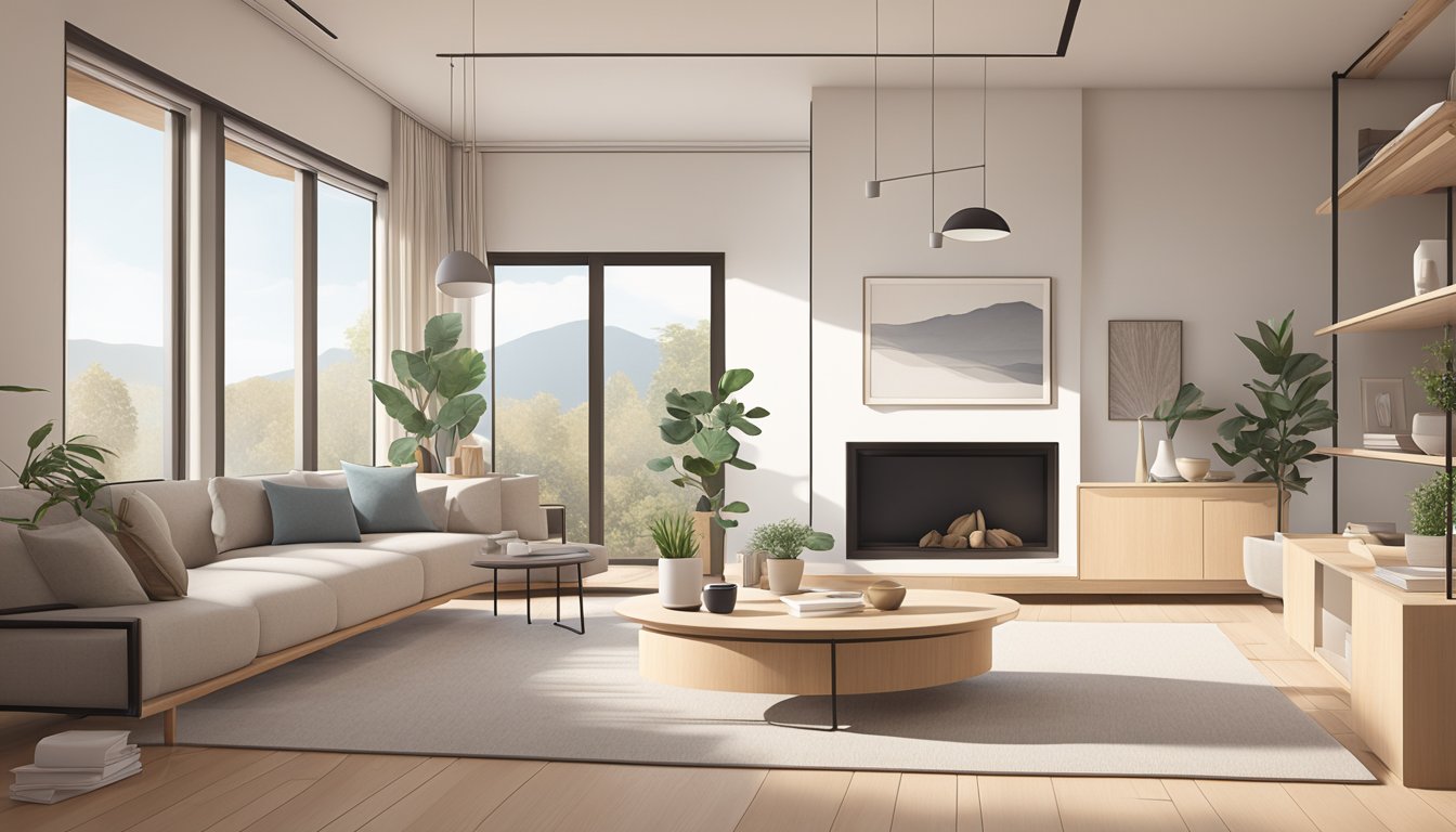 A cozy living room with minimalist furniture, clean lines, and light wood accents. Large windows let in natural light, and a neutral color palette creates a sense of calm and tranquility