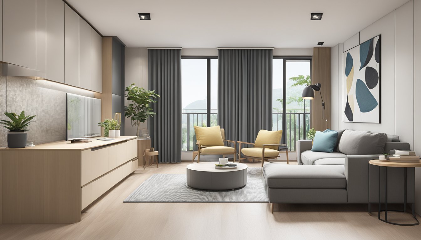 A room with a modern HDB renovation, featuring clean lines, neutral colors, and functional furniture arrangements