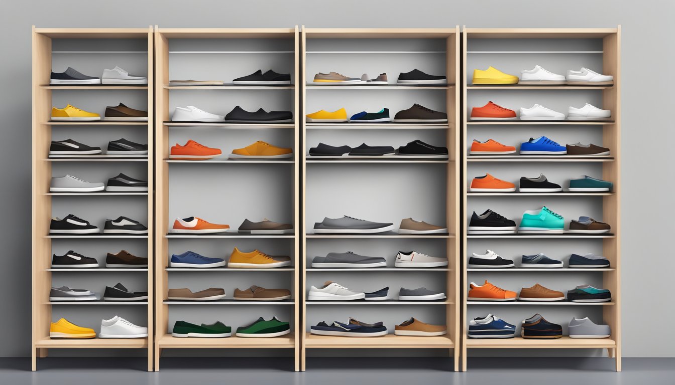 A small shoe cabinet with sleek, modern design, featuring multiple shelves and a slim profile, placed against a clean, minimalist backdrop
