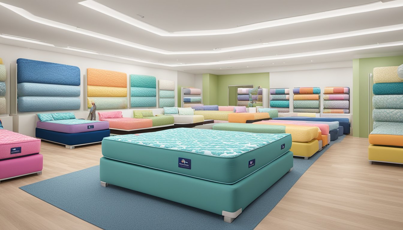 A customer enters a bright and spacious showroom, with rows of colorful Seahorse mattresses on display. A friendly salesperson gestures towards the bestselling Seahorse Diamond mattress, highlighting its features and benefits