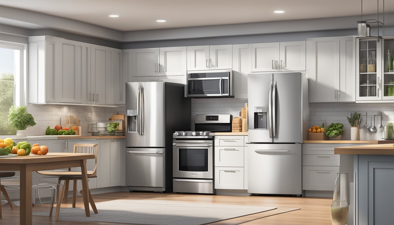 A spacious fridge stands in a modern kitchen, stocked with groceries for a family of four. It is organized and efficient, with plenty of room for fresh produce, dairy, and beverages