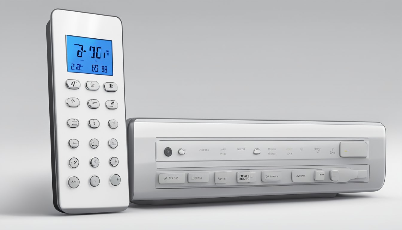 An air conditioner remote control sits on a clean, white surface with clearly labeled buttons and a digital display