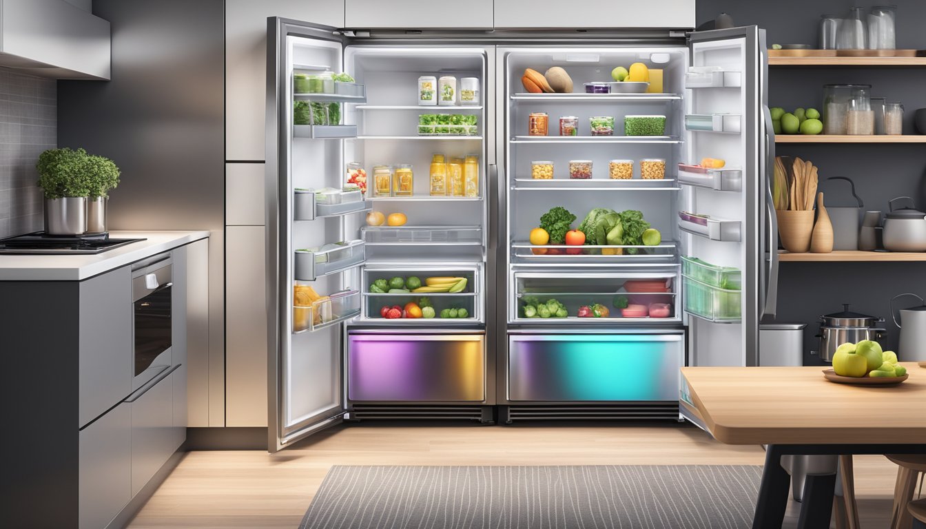 A modern stainless steel fridge stands in a sleek kitchen, filled with various food items neatly organized on its shelves. The fridge is illuminated by soft LED lights, and its digital display shows the current temperature