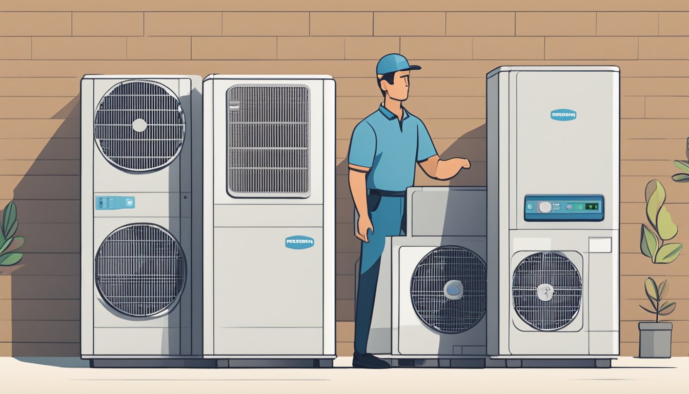A person stands in front of a row of air conditioning units, comparing features and prices. The recommended brand is highlighted with a check mark