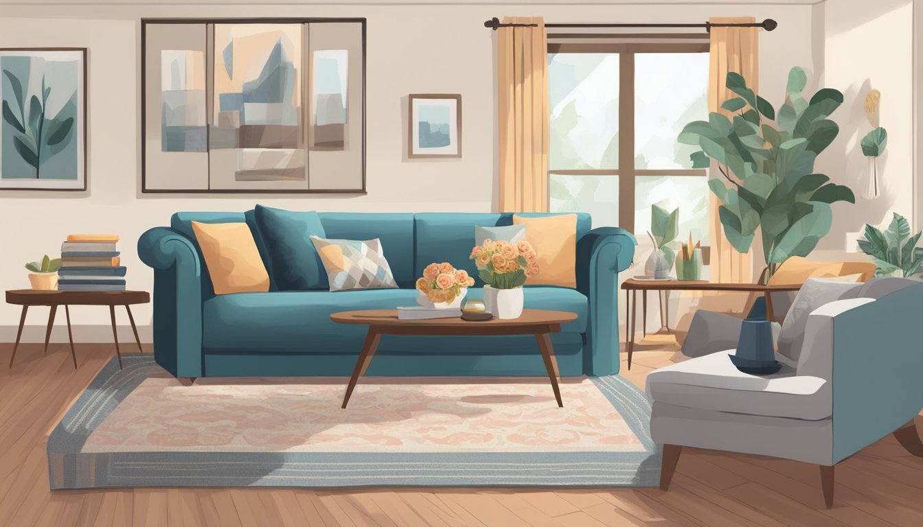 A living room with a reclining sofa as the focal point, surrounded by decorative pillows and a cozy throw blanket. A coffee table with a vase of flowers and a stack of books sits in front of the sofa