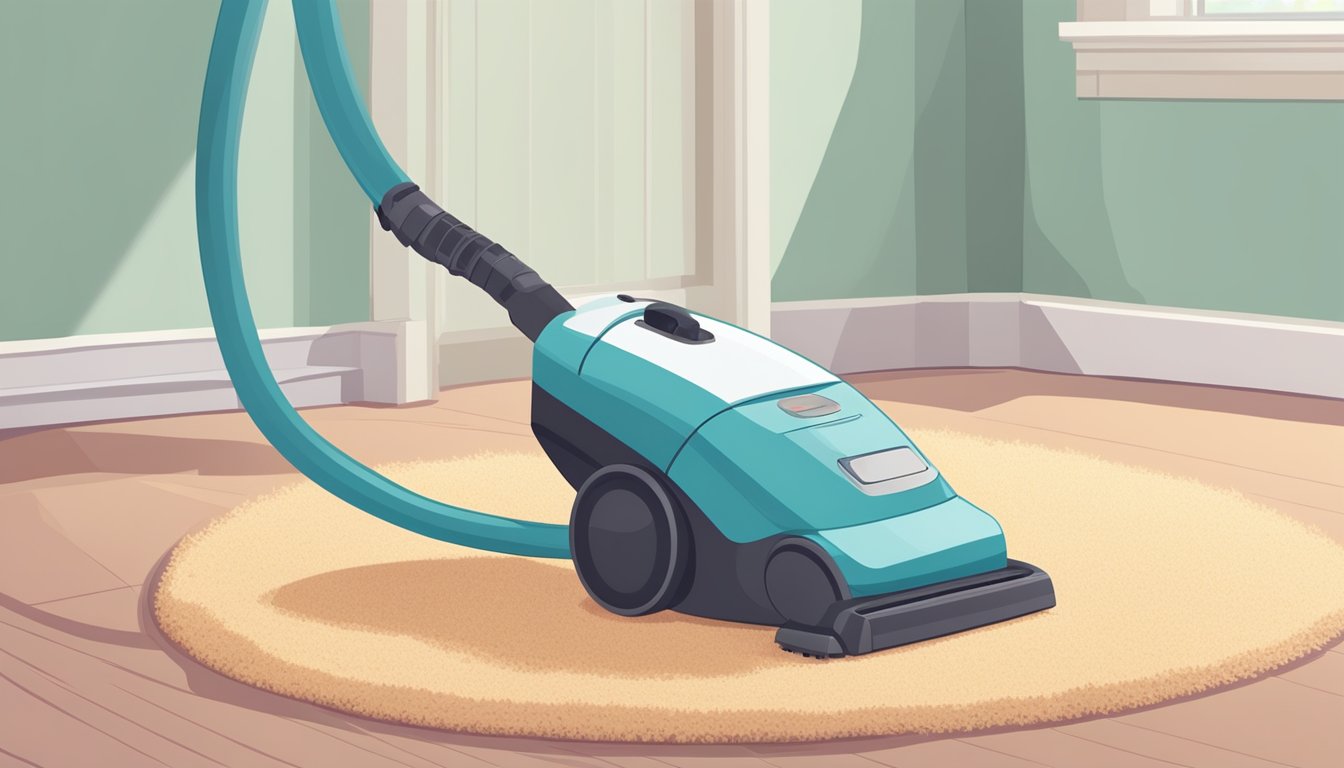 A good cheap vacuum cleaner sits on a clean carpet, with a pile of dust and debris nearby. The vacuum's cord is neatly coiled, and the room is well-lit