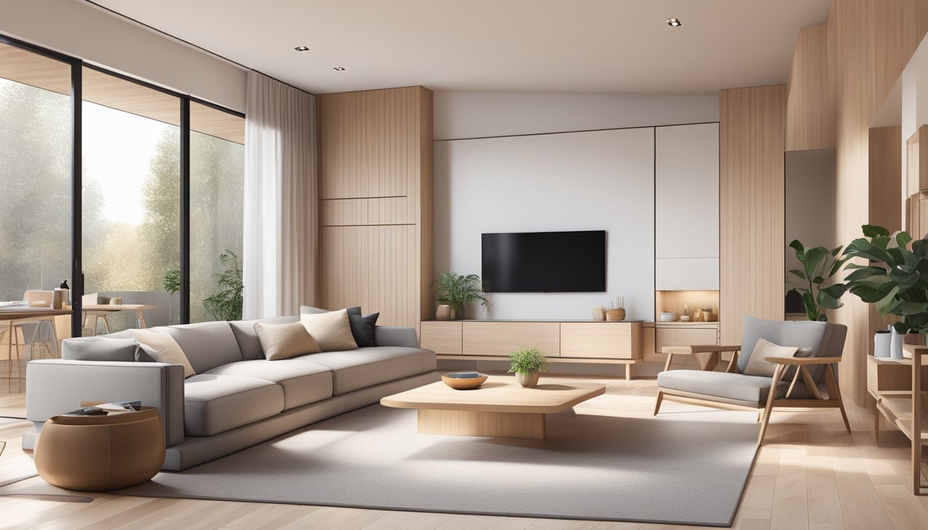 A cozy living room with minimalist furniture, natural light, and neutral colors. A sleek, modern kitchen with clean lines and light wood accents