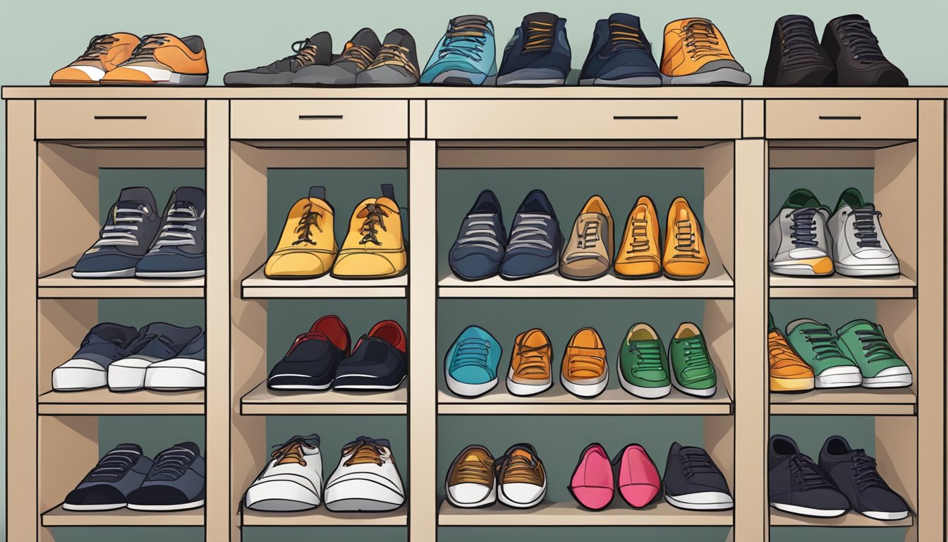A small shoe cabinet with multiple shelves neatly organized with various pairs of shoes, maximizing storage space