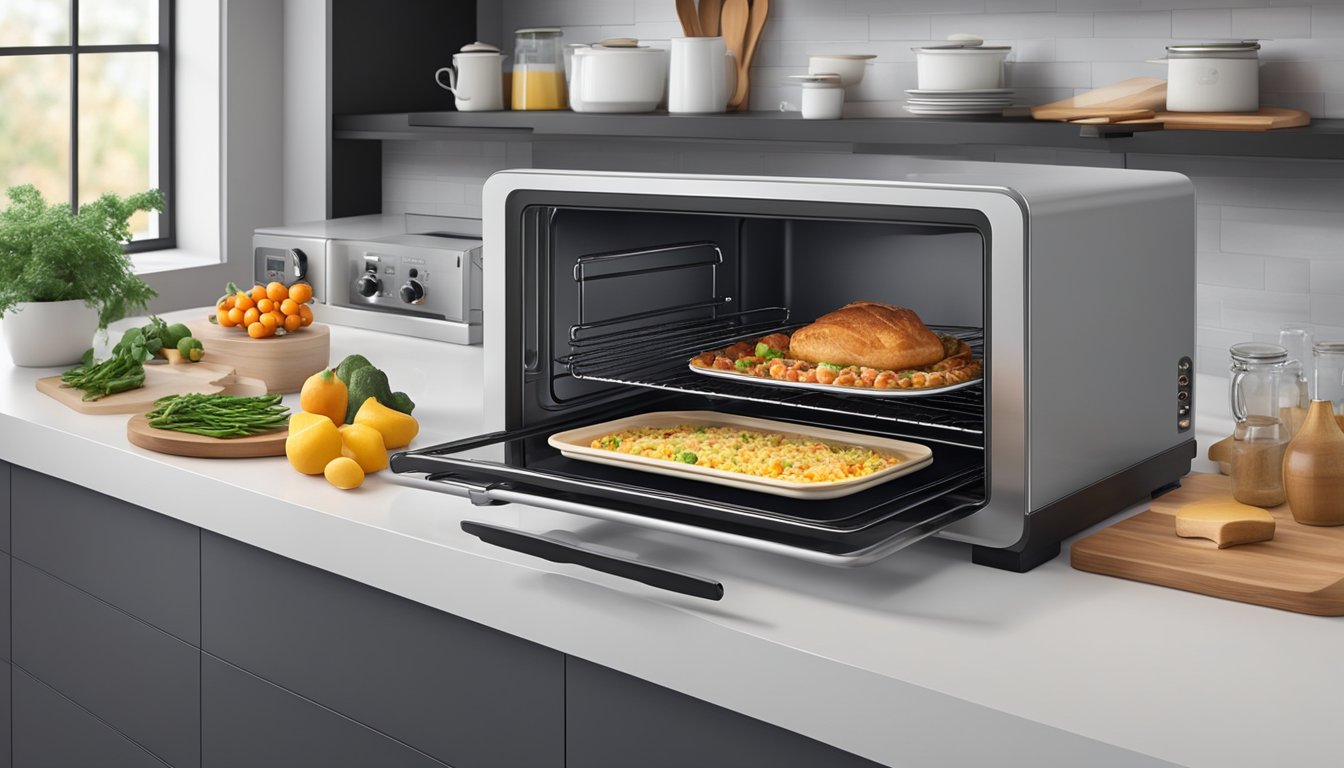 A tabletop oven sits on a kitchen counter, surrounded by various ingredients and utensils. The oven's sleek design and digital display showcase its modern functionality
