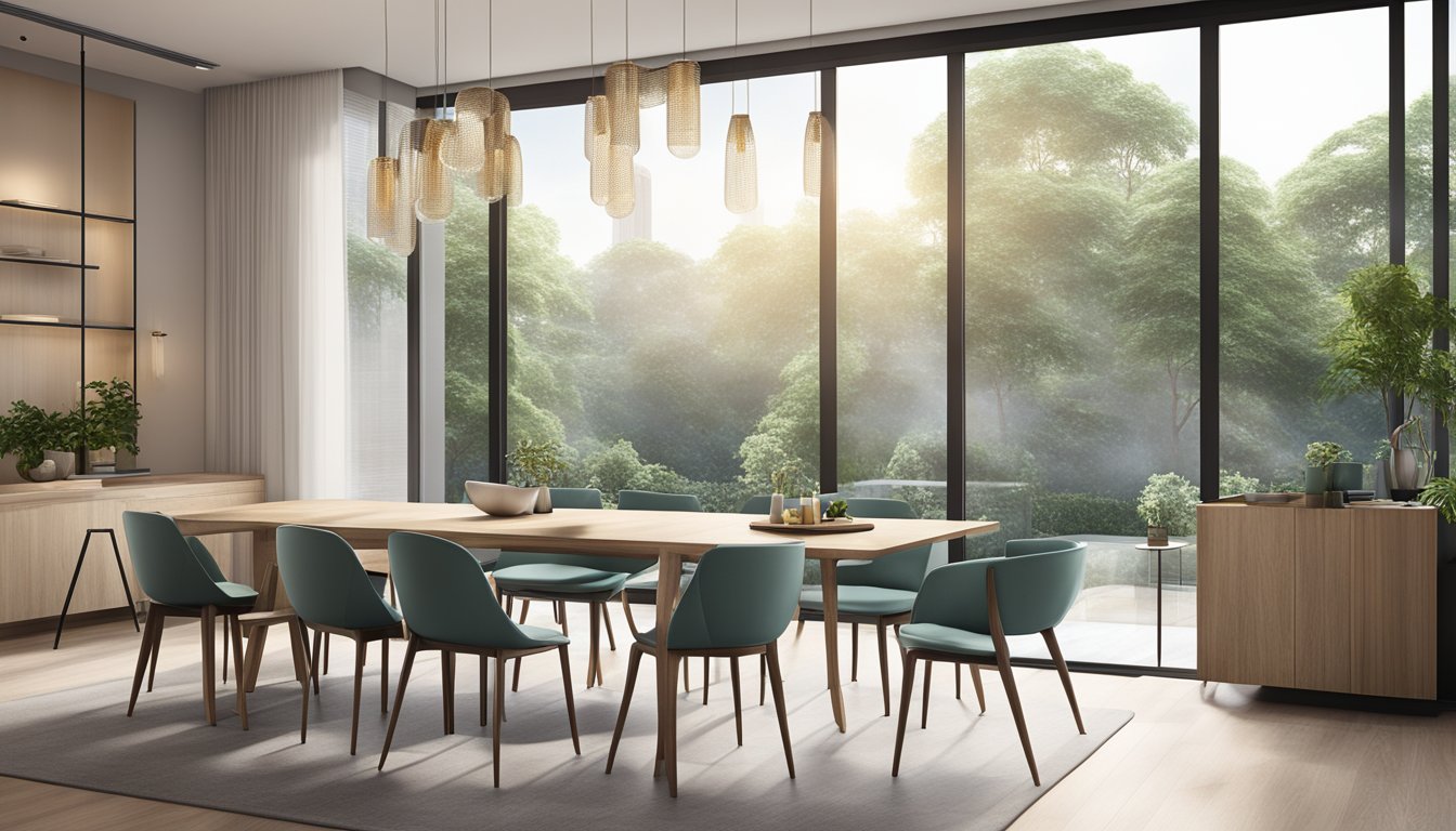 A modern dining room with an extendable table in Singapore, surrounded by sleek chairs and bathed in natural light