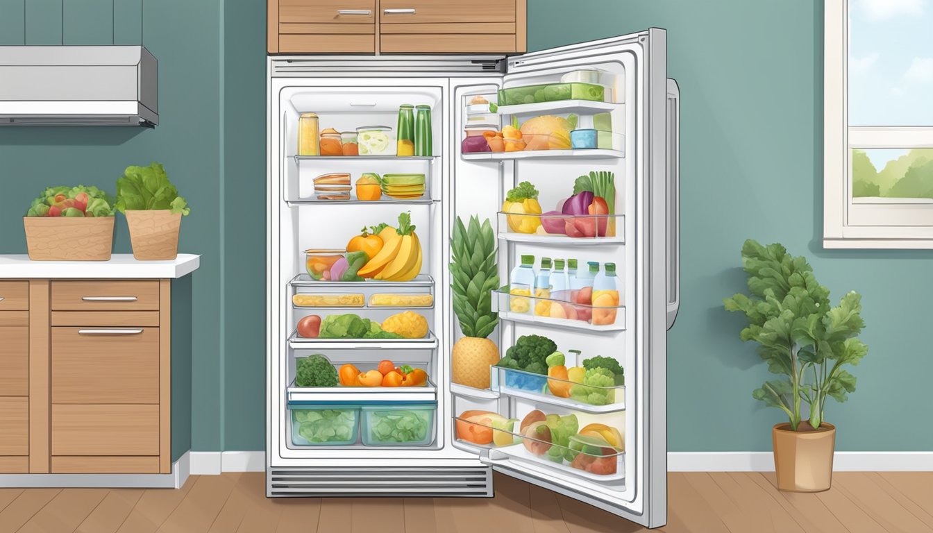 A standard refrigerator with four family members' food inside, shelves organized with labeled sections for easy access