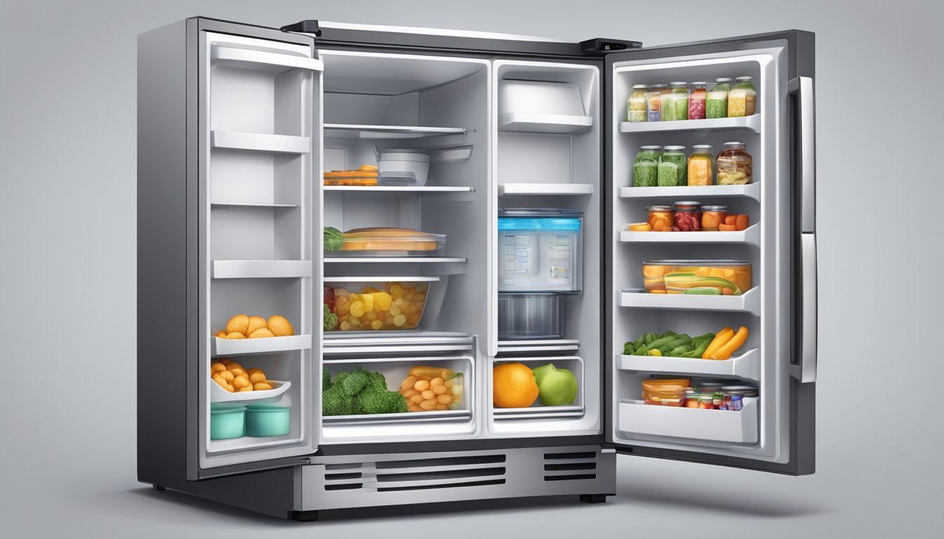 A fridge filled with various food items, organized in different compartments. The exterior features a digital display and multiple control buttons