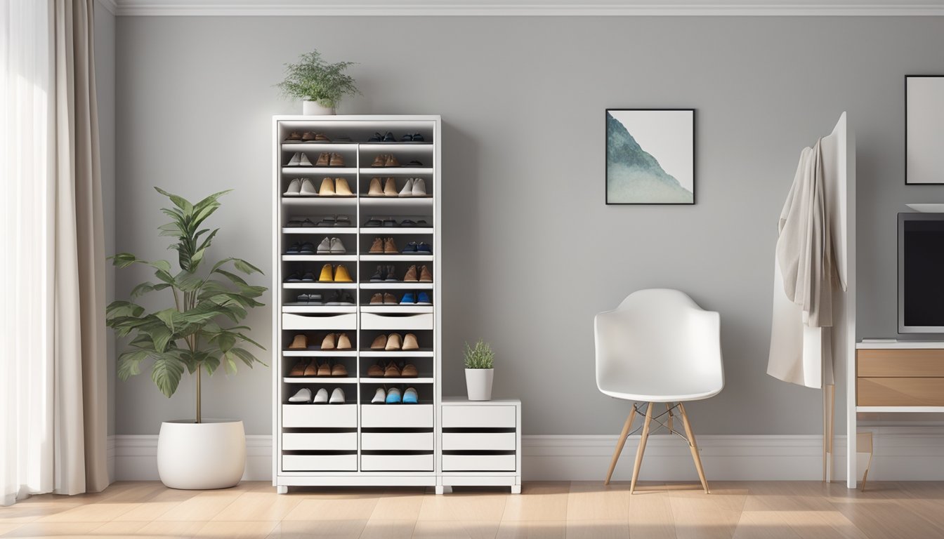 A small shoe cabinet with multiple compartments and a sleek design, placed against a white wall in a well-lit room