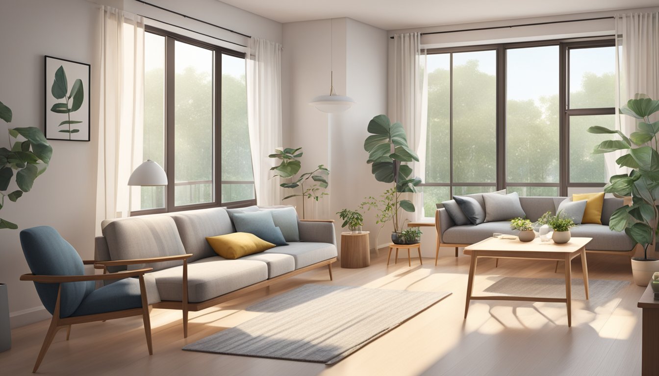 A cozy Scandinavian HDB interior with minimalist furniture and natural light streaming in through large windows